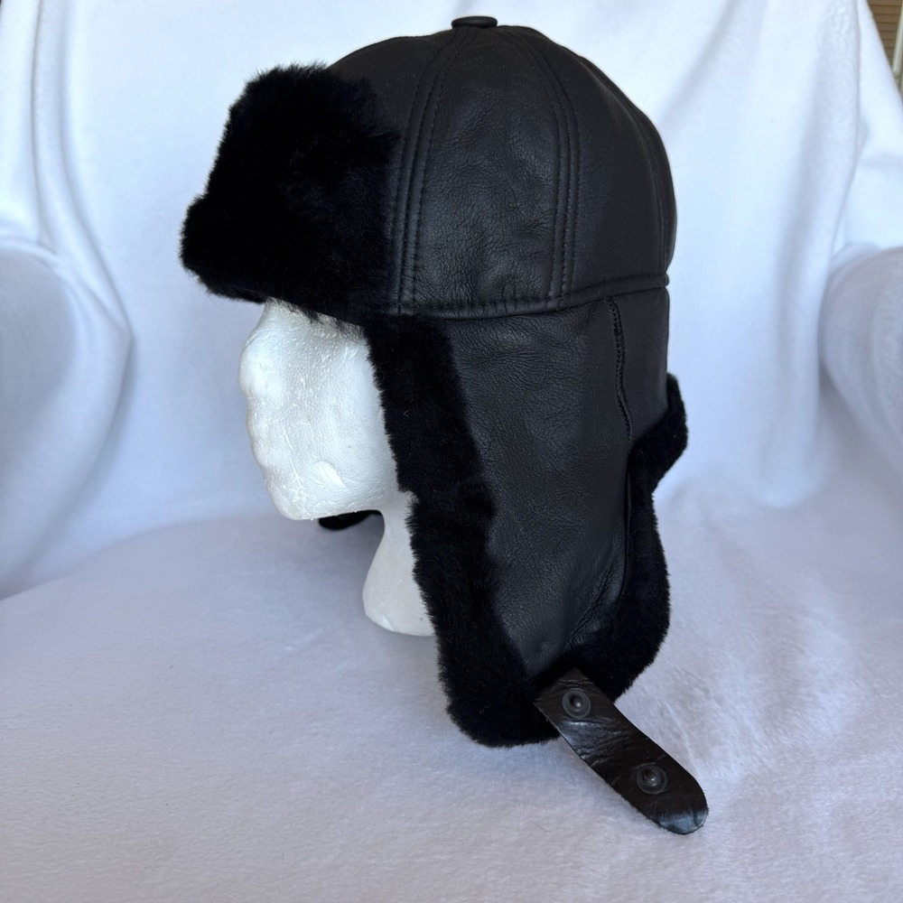 Victoria Aviator Hat Black Leather Trapper XL Faux Fur Lined Outdoor Snap Close